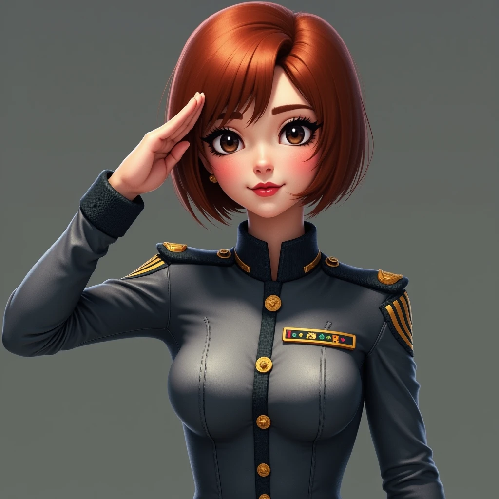Earth Federation Forces。Lieutenant Matilda。Short reddish-brown hair。Gray military uniform。Dark Eyes。Red Rouge。
sexy。slender。
Beauty。Beautiful breasts。Is saluting。In the left hand is the evaluation file.。
masterpiece、Highest quality、8k、uhd、High definition、Fine skin quality。Realistic、
From the waist up