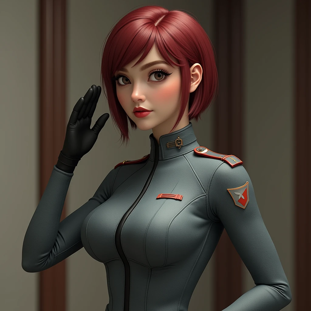 Earth Federation Forces。Lieutenant Matilda。Short reddish-brown hair。Gray military uniform。Dark Eyes。Red Rouge。
sexy。slender。
Beauty。Beautiful breasts。Is saluting。In the left hand is the evaluation file.。
masterpiece、Highest quality、8k、uhd、High definition、Fine skin quality。Realistic、
From the waist up