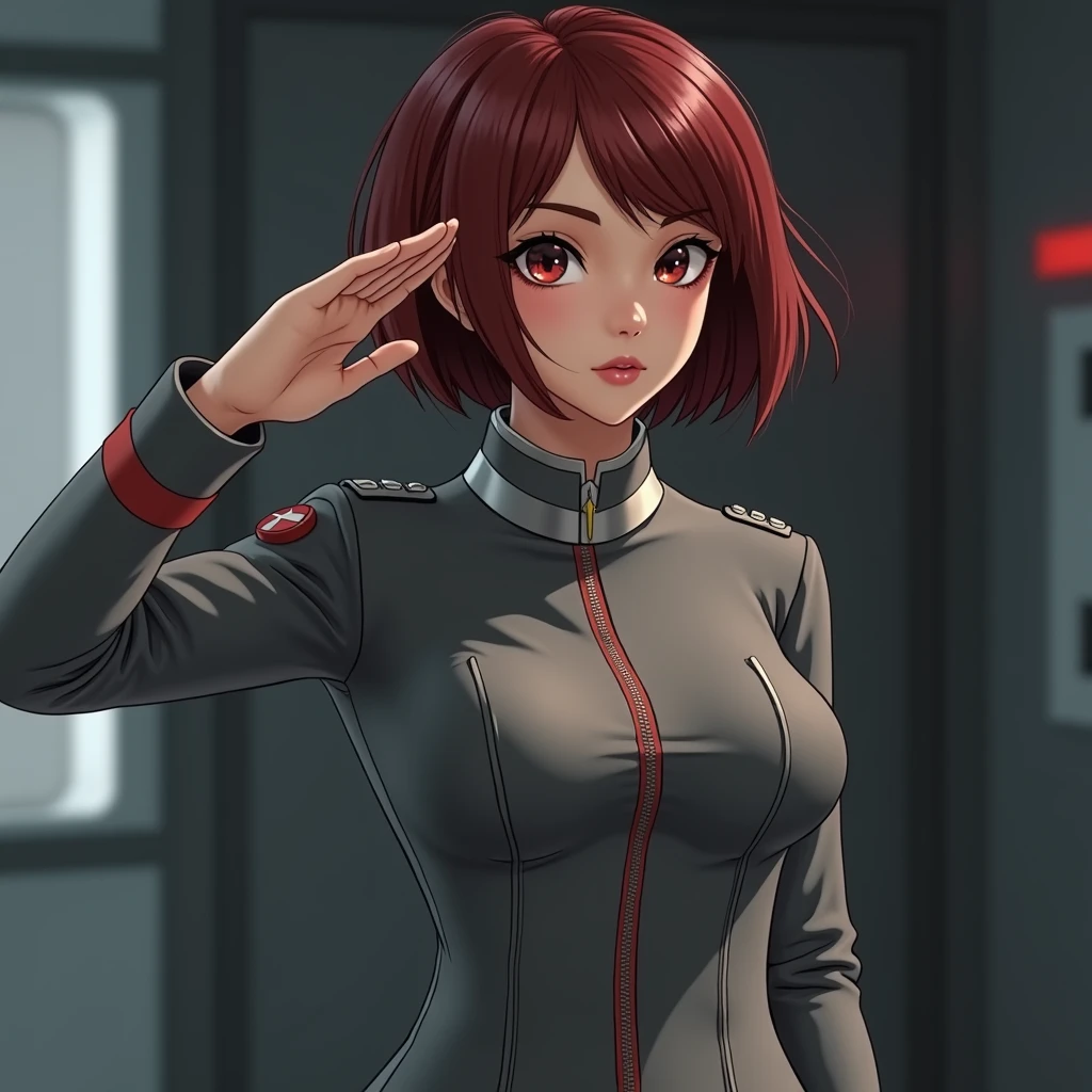 Earth Federation Forces。Lieutenant Matilda。Short reddish-brown hair。Gray military uniform。Dark Eyes。Red Rouge。
sexy。slender。
Beauty。Beautiful breasts。Is saluting。In the left hand is the evaluation file.。
masterpiece、Highest quality、8k、uhd、High definition、Fine skin quality。Realistic、
From the waist up