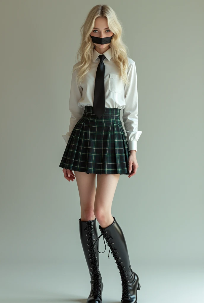 beautiful blonde girlgirl in school uniform with a tie a shirt tucked in a tartan kilt, with latex short heel boots tied up and gagged with duct tape