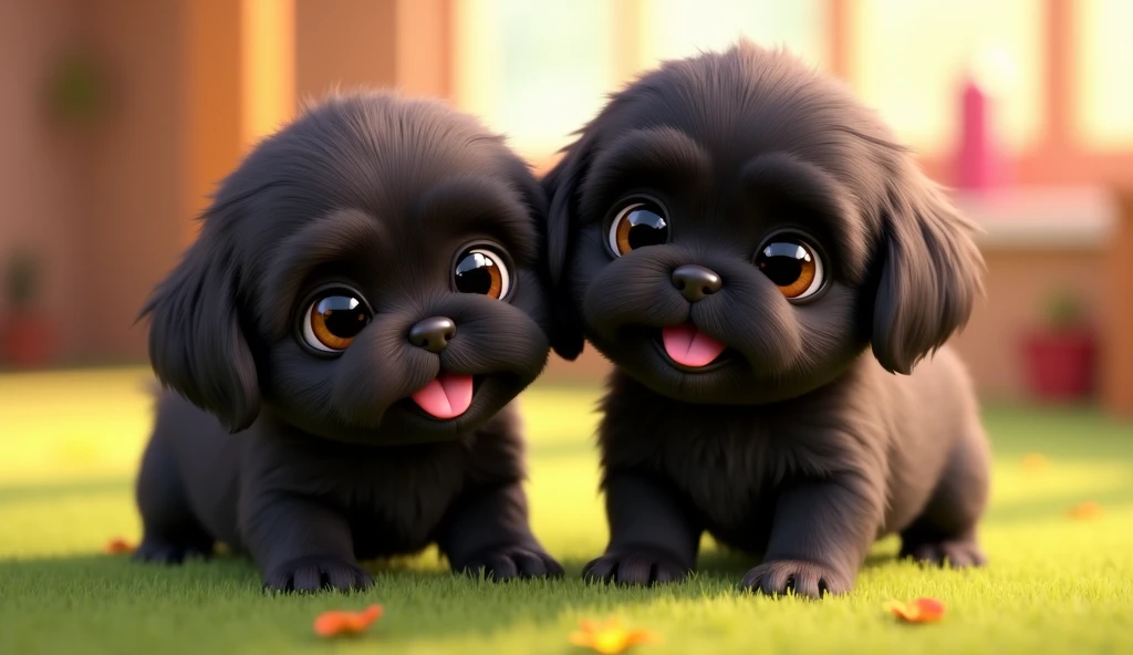 2 adorable cartoon black shih tzu puppies 3D Pixar style