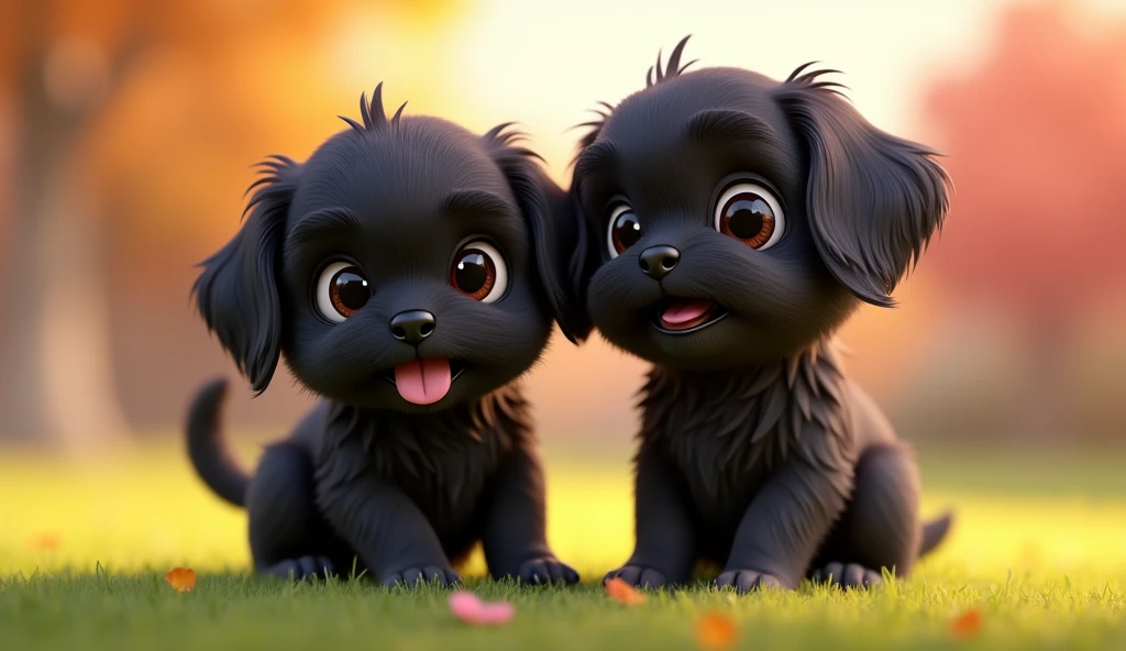 2 adorable cartoon black shih tzu puppies 3D Pixar style
