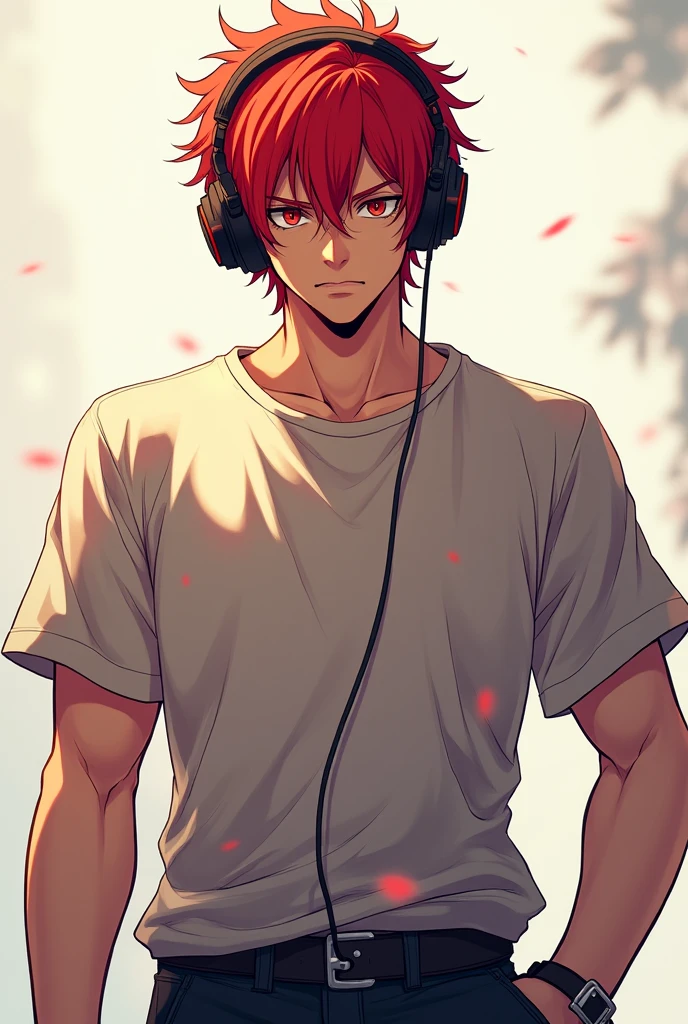 a 25 year old guy with glasses, with red eyes and red hair wearing a shirt and headphones, tall and with a dominant attitude that is anime and looks tough