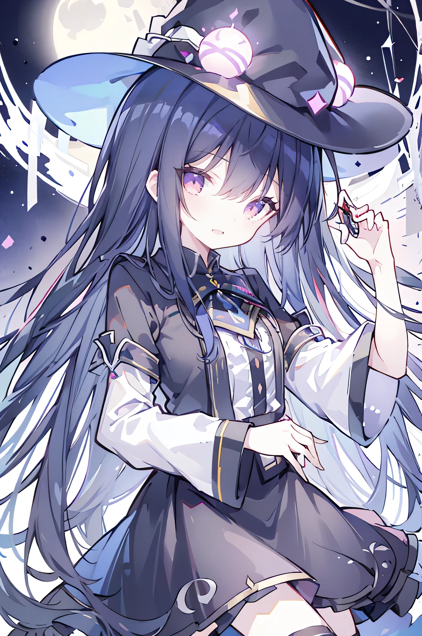 oung Girls,Humanity,A magician always smiles,big witch hat,cute,dark blue long hair,The eyes are dull,The bangs are heavy,Thin eyebrows,fantasy,intake,Double teeth,Star Theme,Constellation pattern,Solid color clothetal decoration,cloak,A bit of a dark atmosphere,A little crazy smile,When the big moon shines outside at night,blood,Hair black star embellishment,Short tie,No nails,High waist skirt,Bell sleeves,Long-sleeved shirt,Black tie,low risk,gentlemen。Mist、Yellow and white effect，Shocking pink as an accent color