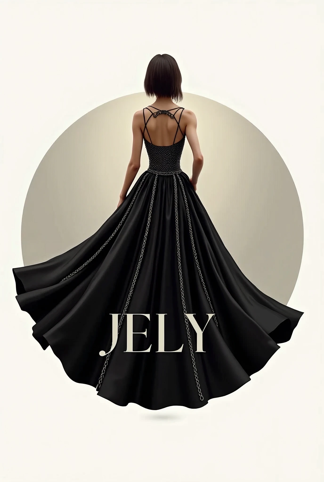 a CIRCULAR logo with a wide black dress decorated with chains   ,written in uppercase "JELY" in italics