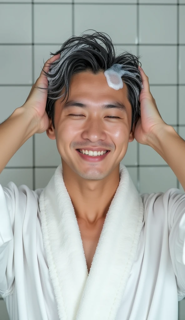 Create an Asian handsome guy,Installation and maintenance,Bending over and washing hair,My hair is full of foam,The expression is happy,The characters are realistic and realistic,Pure white background,Showing the character's hair,9:16 frames,Ultra-high-definition picture quality