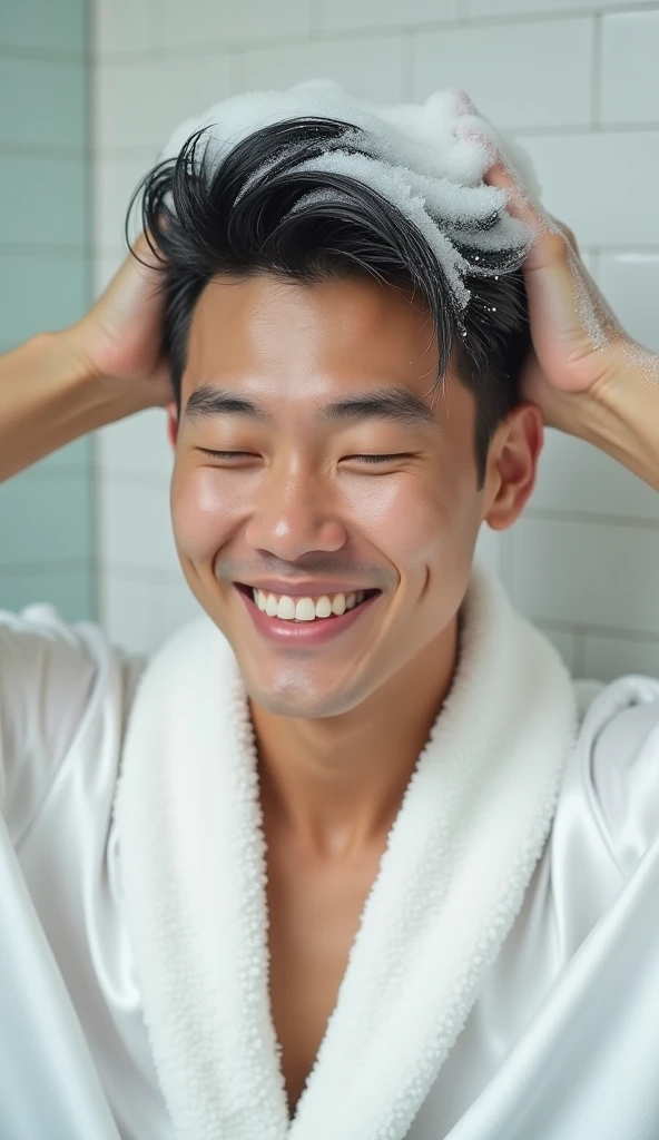 Create a handsome Asian man，The facial features are neatly dressed in a white satin bathrobe.，Wash your hair with your hands，My hair is full of foam，The foam on the head covers all the hair，The expression is happy，The characters are realistic and realistic，White bathroom background，Showing the character&#39;s hair，9:16 frames，Ultra-high-definition picture quality