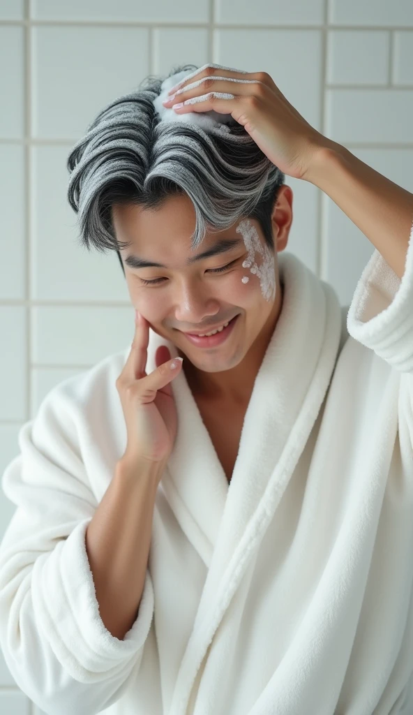 Create a handsome Asian man,The facial features are neatly dressed in a white satin bathrobe.,Wash your hair with your hands,My hair is full of foam,The foam on the head covers all the hair,The expression is happy,The characters are realistic and realistic,White bathroom background,Showing the character's hair,9:16 frames,Ultra-high-definition picture quality