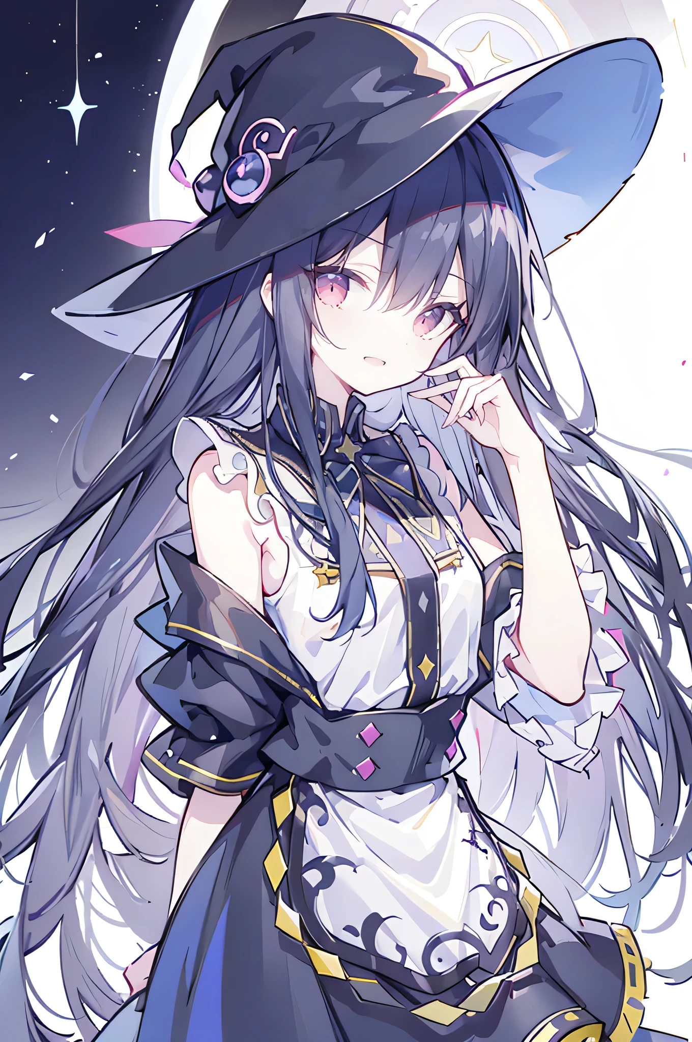 oung Girls,Humanity,A magician always smiles,big witch hat,cute,dark blue long hair,The eyes are dull,The bangs are heavy,Thin eyebrows,fantasy,intake,Double teeth,Star Theme,Constellation pattern,Solid color clothetal decoration,cloak,A bit of a dark atmosphere,A little crazy smile,When the big moon shines outside at night,blood,Hair black star embellishment,Short tie,No nails,High waist skirt,Bell sleeves,Long-sleeved shirt,Black tie,low risk,gentlemen。Mist、Yellow and white effect，Shocking pink as an accent color