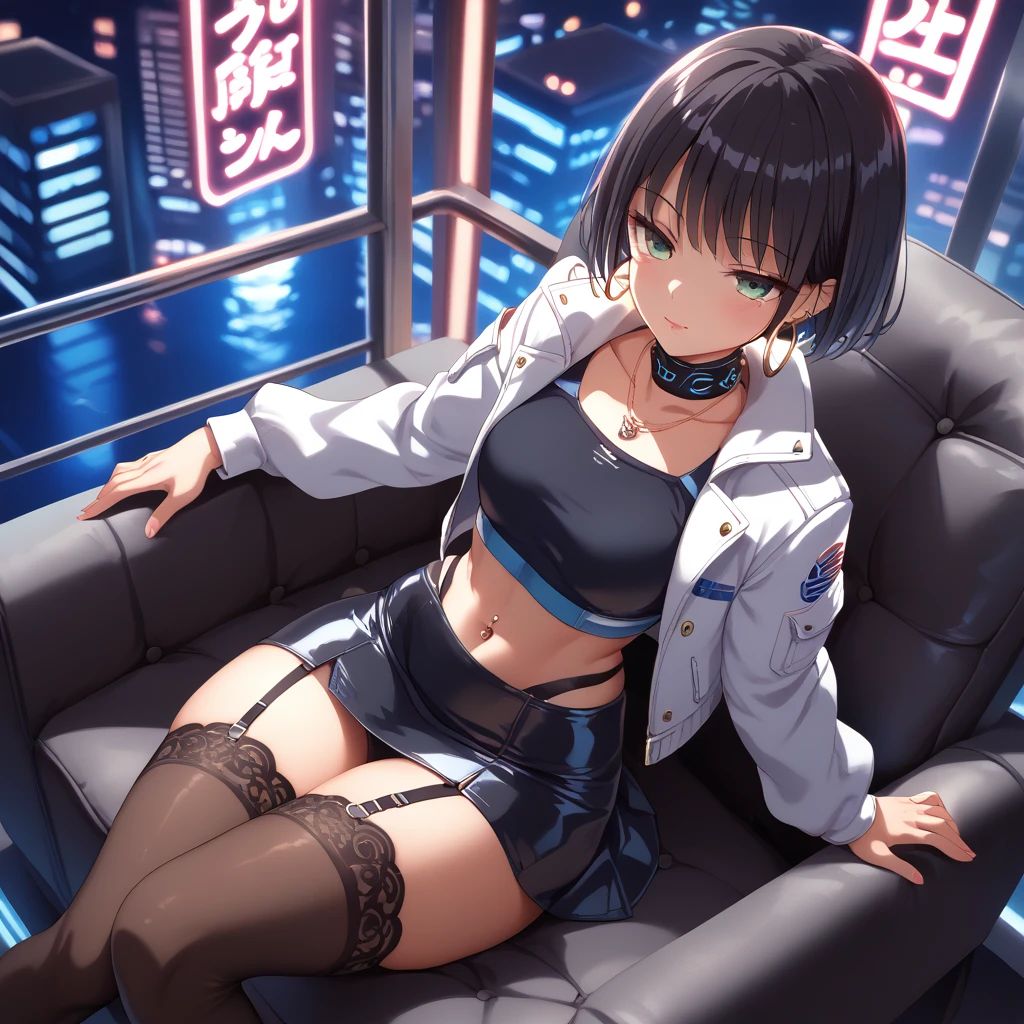 (SAFE FOR WORK), 1 female, Yusuke Murata style, Fubuki, sexy face, high angle, longer face, short black hair, fully lidded eyes, green eyes, puckered lips, no lipstick, slim/toned body, extremely slim waist, large firm boobs, white Jacket, black turtle neck top, pitch black stockings, navel piercing, large hoop earrings, black skirt, necklace, sitting on lounge chair, night, detailed city background, futuristic city, penthouse, lots of skyscrapers, Tokyo, Japanese symbols neon lights, starts, thick thighs, more details, hand poses, tiny hearts floating above head