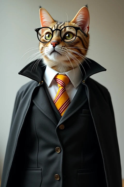 ((Highest quality)), ((masterpiece)), (detailed)), A cat wearing a magic school uniform、Round Glasses、Black Cape、A yellow and red striped tie