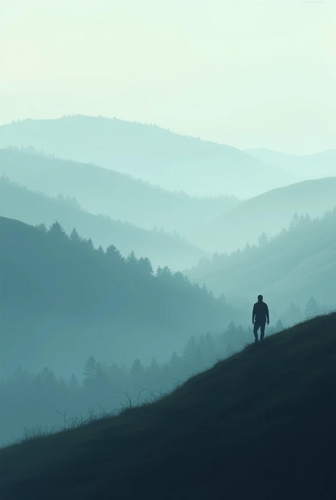 a chain of rolling hills，Mist，Amidst the mist，only the tops of the nearby hills and the silhouettes of distant trees are visible，In the foreground，a solitary figure is walking along the ridge line，the overall image conveys a sense of tranquility and mystery,