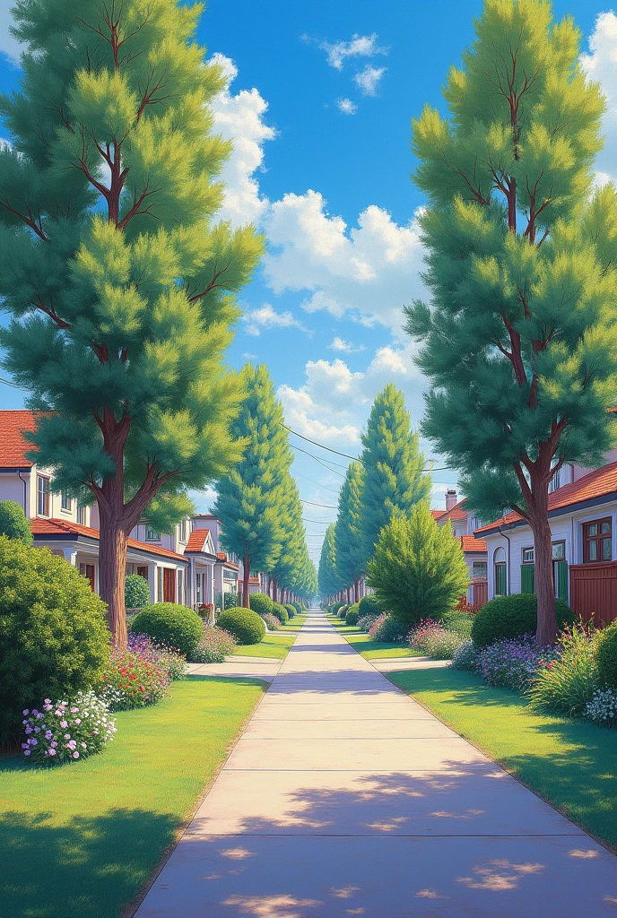 Claude Monet、A beautiful 90s retro suburban street, sunny, beautiful, nostalgic, masterpiece, blue sky