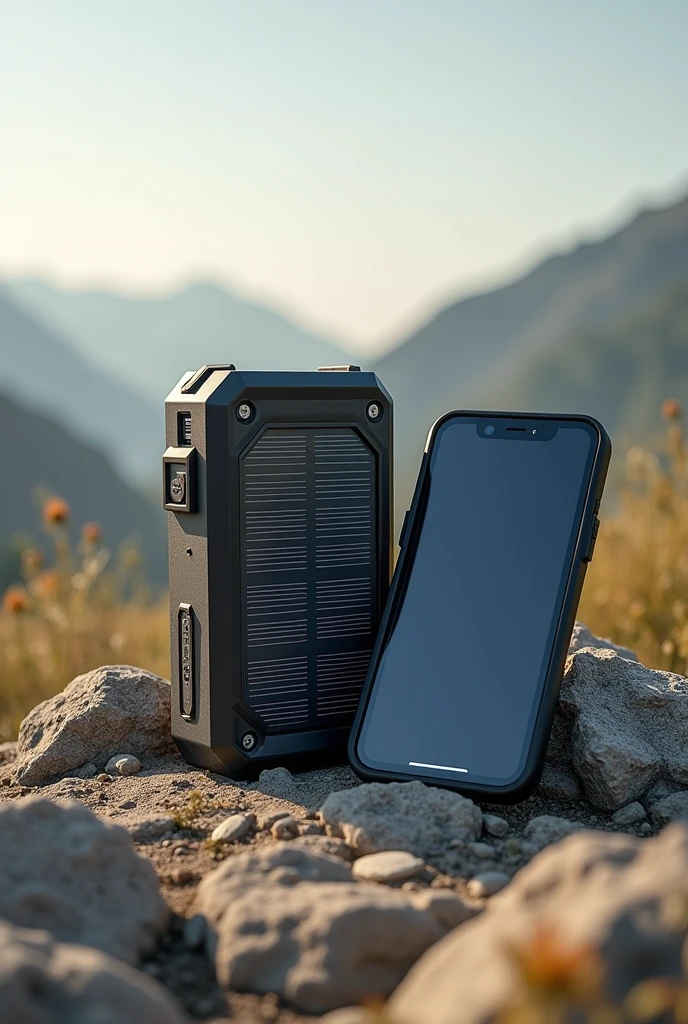 Can you generate a solar power bank and solar phone in case of emergency, one solar power bank picture and one solar phone picture