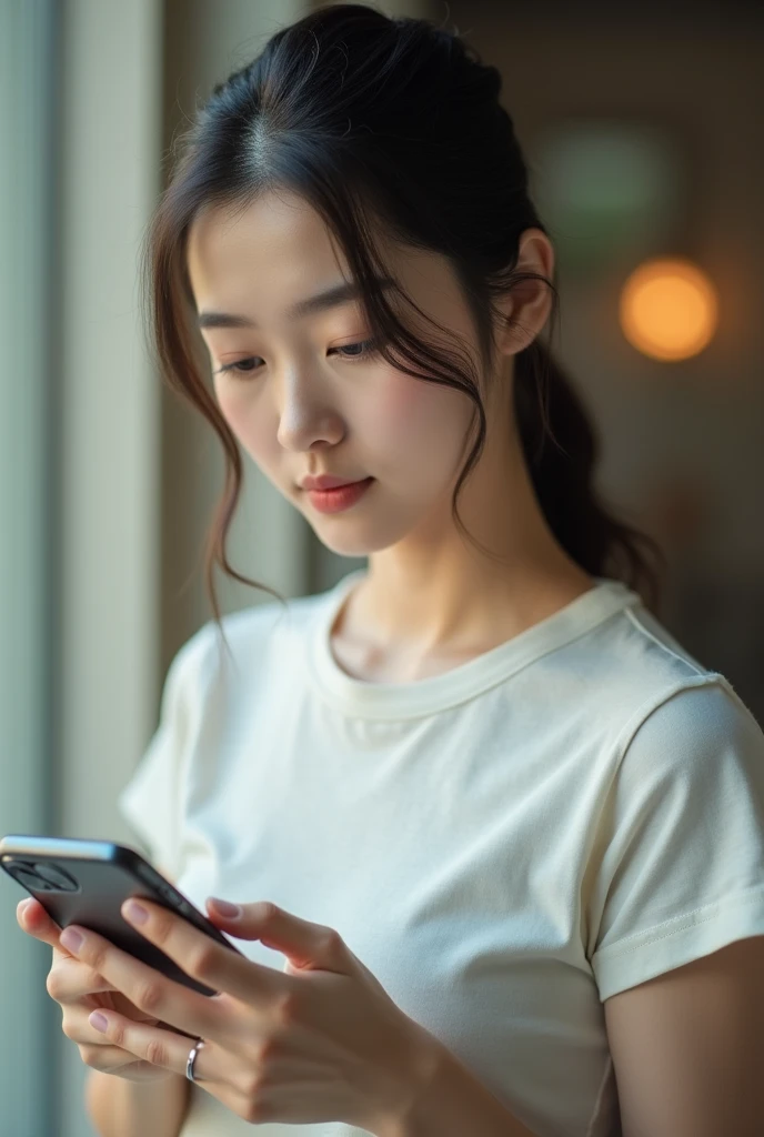 close-up of beautiful Korean woman, hair tied, wearing short-sleeved t-shirt, holding smartphone i phone 15 promex, bokeh background, UHD