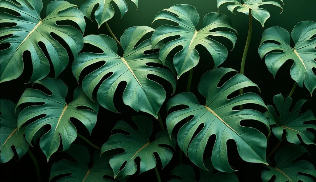 Large, olive green monstera leaves with water droplets in a horizontal rectangle