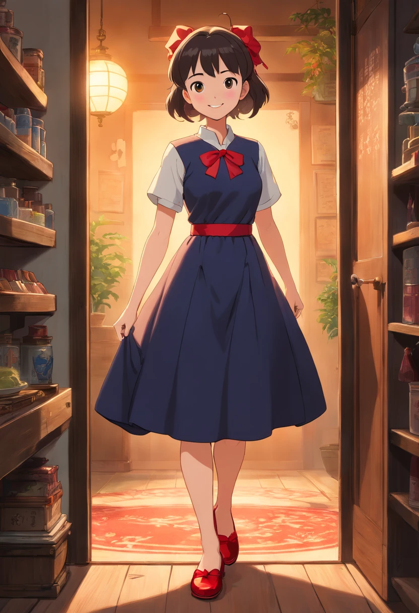 a beautiful detailed busty woman, black ワンピース dress, red ribbon, wearing red slippers, smiling, full body, highly detailed, photorealistic, 8k, ultra-detailed, (best quality:1.2), (realistic:1.37), (masterpiece:1.2), porcelain skin, long eyelashes, beautiful detailed eyes, beautiful detailed lips, extremely detailed facial features, intricate folds and textures on dress, dynamic lighting, vibrant colors, warm color palette, natural lighting, studio lighting