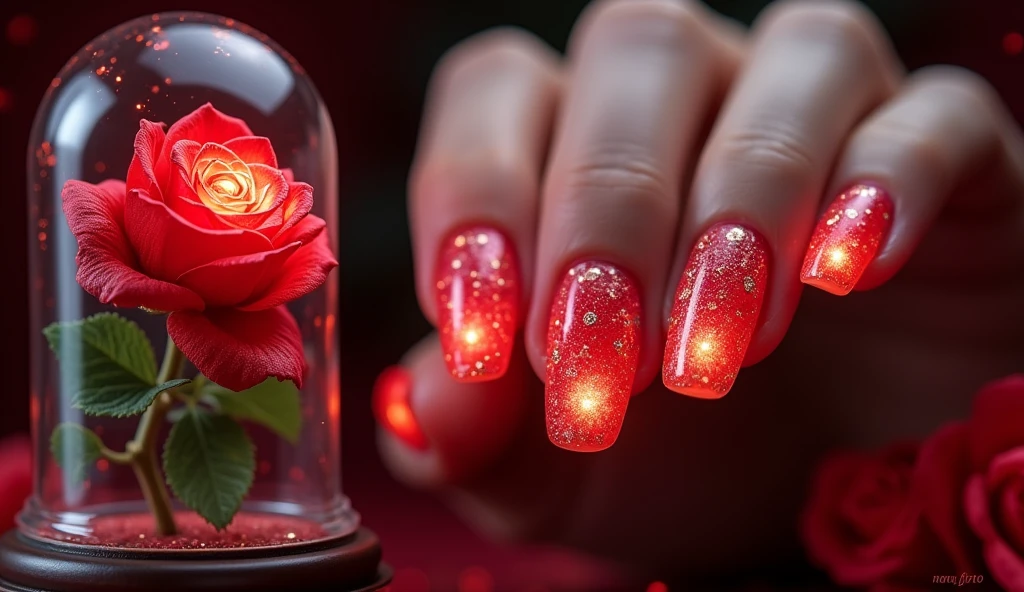 **Enchanted Rose Nail Art:** The nails are adorned with detailed, glowing roses in deep reds. On the left, the background showcases an enchanted rose under glass, adding a fairytale-inspired romantic touch.