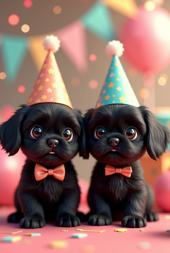 2 adorable black shih tzu puppies, Birthday girl sparkles, 3D Pixar style
