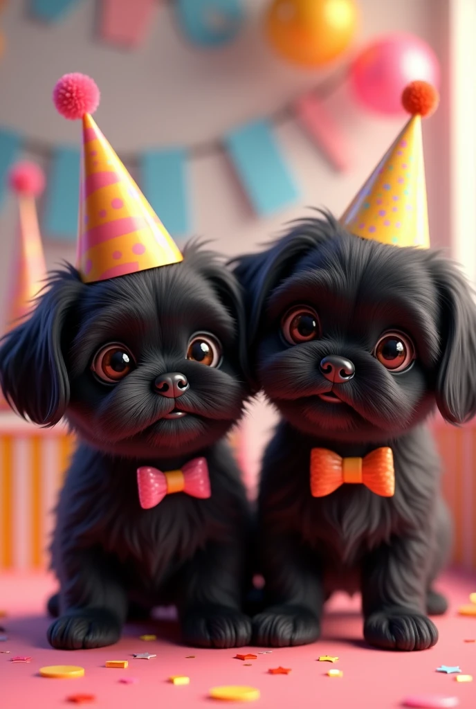 2 adorable black shih tzu puppies, Birthday girl sparkles, 3D Pixar style