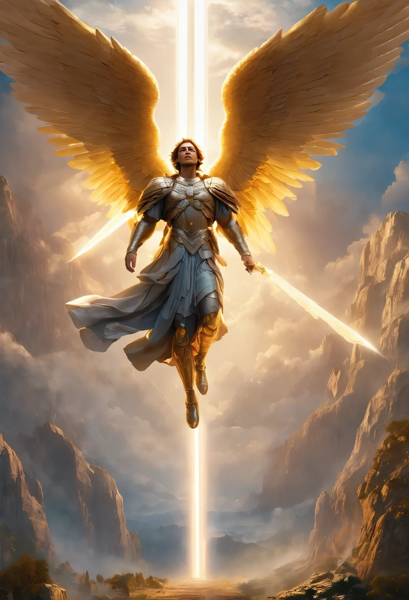Create a mesmerizing masterpiece in 8k CG unity wallpaper format of a biblically accurate archangel descending from the sky with epic lighting