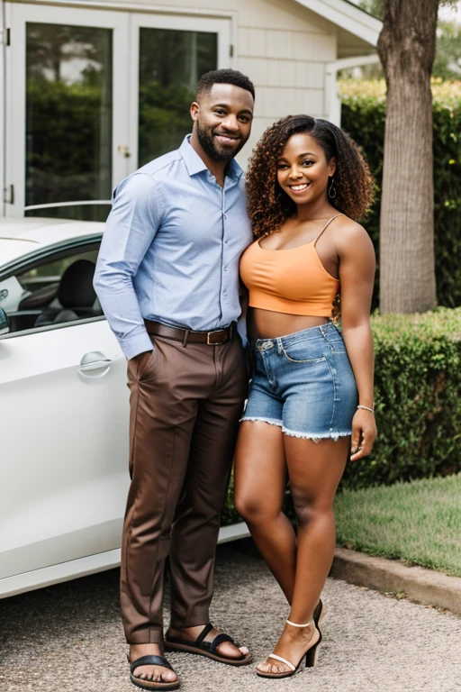 A tiny African American woman with a crop top, long curly hair, and open toe wedges stands next to her husband. She is shorter than him. She is the shorter lest one there