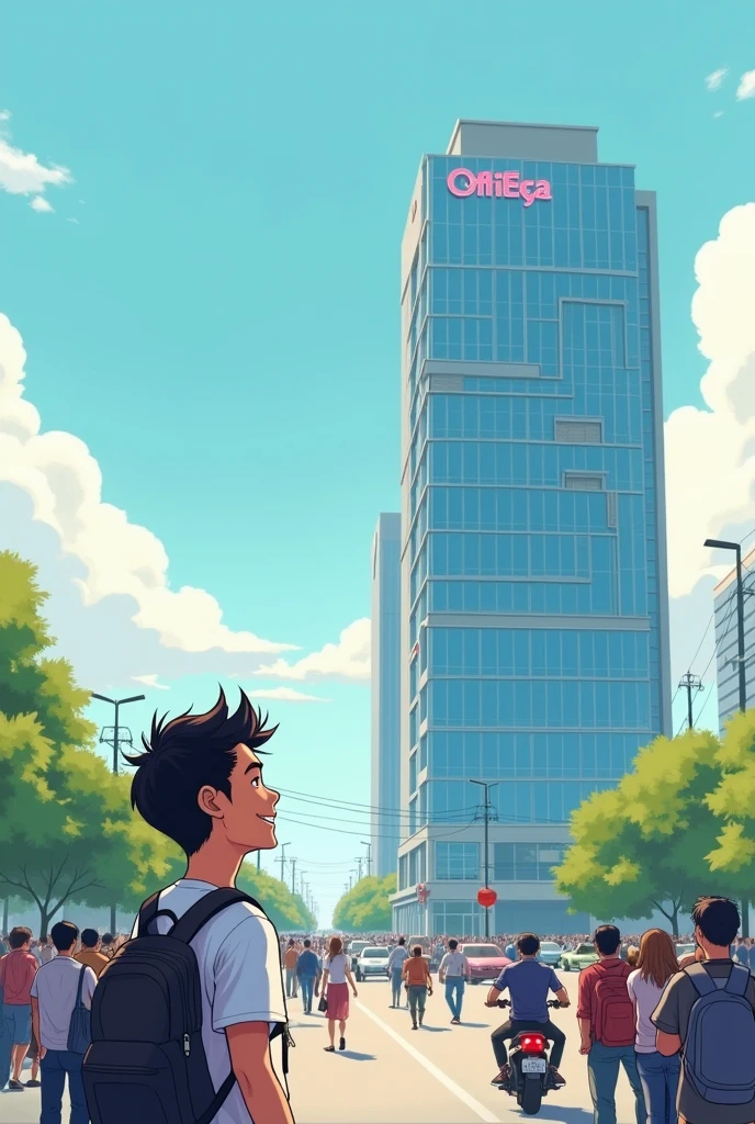 A person looking at a technologycal comercial building, it’s possible realize his happiness, a good expression, and around of this person there is a crownd. There aren’t so much colors, but it’s a clear image, with the good wether and some dayli objects, like cars, motocicles, trees, and animals too.
