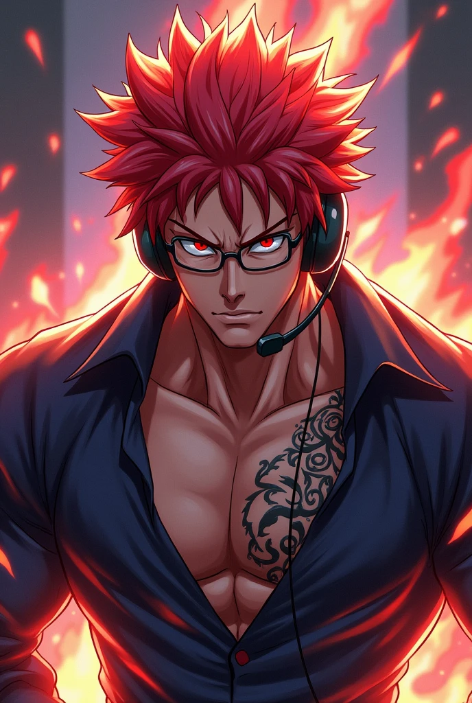 a 25 year old guy with glasses, with red eyes and red hair with an open shirt and headset, tall and with a dominant attitude that is anime and looks tough