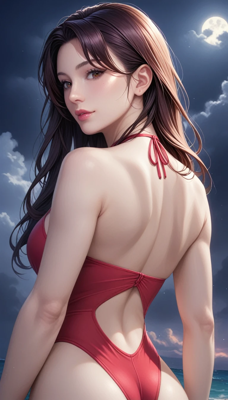 score_9, score_8_superior, score_7_superior, High-resolution CG illustration,A masterpiece in 32K resolution,Highest quality,it is really amazing,Very detailed,Ultra-high resolution,Ultra-realistic,Realistic,Increased depth of field,Cinematic lighting,
Sexy mature Japan woman,
Straight long hair with black hair,Ultra-detailed and beautiful face,Calm and gentle look,Beautiful brown eyes,Translucent white skin,Realistic skin texture,Great proportions,
Elegant red swimsuit,
Simple design,Chic color scheme based on red,Detailed fabric texture,
(Dark overcast sky on a dull night:1.1),(Dark clouds filling the sky:1.1),Thundercloud,Coastline at night,Stormy seas,delay々A desolate sandy beach that continues,
(Beautiful back view:1.2),Cinematic,