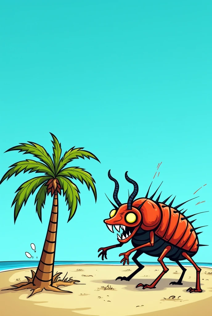 Weevil (Rhynchophorus ferrugineus) evil chasing a scared palm tree against a sky blue background, everything as if it were a cartoon