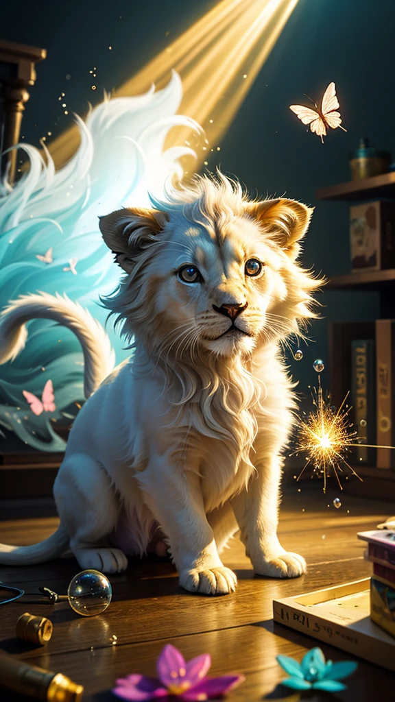 splash art, luminism, fantasy acrylic, digital painting , a close up little cute magic chibi fantasy white color lion dog in bed, flowers, butterflies, sparks, magic creature made of colors, big reflective eyes, splash style of colorful paint, paint dripping, color waves, close portrait, color drops, fairytale, dynamic lighting, artstation, by Peter Mohrbacher, craola, WLOP, masterpiece, golden glowing, bubbles, transparent smoke, sunbeams