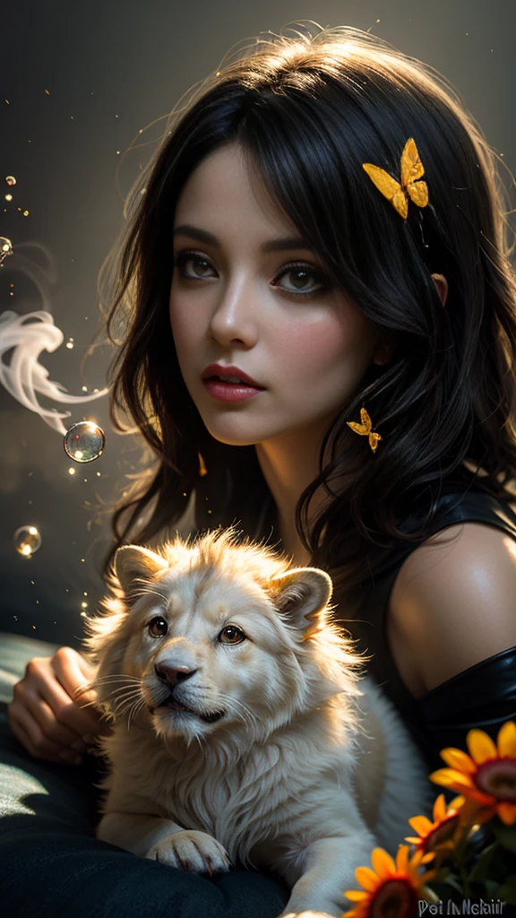 splash art, luminism, fantasy acrylic, digital painting , a close up little cute magic chibi fantasy white color lion dog in bed, flowers, butterflies, sparks, magic creature made of colors, big reflective eyes, splash style of colorful paint, paint dripping, color waves, close portrait, color drops, fairytale, dynamic lighting, artstation, by Peter Mohrbacher, craola, WLOP, masterpiece, golden glowing, bubbles, transparent smoke, sunbeams