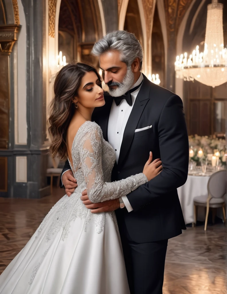 (fullbody photo:2.0) of father and daughter embracing in a ballroom: (a 25-year-old iranian woman, brown skin, triangular shaped face, brown eyes, long wavy hair, dark brown hair, busty, wearing a white winter wedding dress, long sleeves), embracing (a 65-year-old iranian man, brown skin,square shaped face, short full beard, brown eyes, short hair, grey hair, burly body, wearing a dark grey elegant suit), in a ballroom of an enchanted castle, winter, (8k, photorealistic, RAW photo, best quality:1.4),