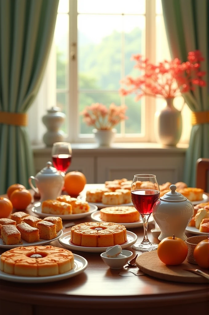 Extreme close-up，Clear，tmasterpiece，Chinese classical dining table，It is stocked with delicious food，red wine，wineglass，A variety of Chinese cakes，orange，apples，Bright natural light，Outside the window it is autumn，Pale green curtains，liveroom，C4D，Empty product display scene，Positive perspective，first person perspective, classic house