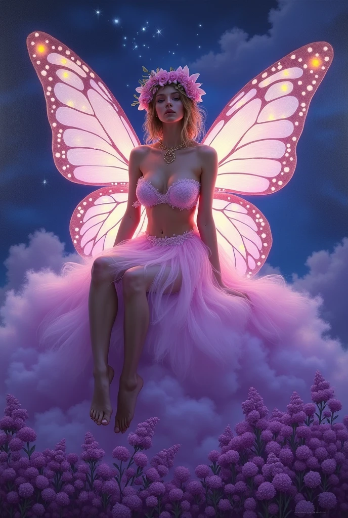 Oil painting on canvas《Summer Valley》,Etienne Adolphe Piaud, Etienne Adolphe Piot,English Pre-Raphaelite painter,Pre-Raphaelite Brotherhood, A woman in a glowing costume sitting on a purple cloud in front of a purple background,Her dress is made of translucent tulle,It is decorated with lights of various colors.,The whole presents a colorful effect,There is a pair of huge butterfly wings behind the woman,Also made of luminous material,radiating a soft,Wearing a flower on the head as decoration,Under her feet, a sea of purple flowers,The flowers look particularly beautiful in the night,dream,mystery,beauty,Aesthetic,Mainly realistic traditional style,The painting style is meticulous,Refreshing colors,HD,in the style of Pre-Raphaelite Brotherhood, elf ears, cleavage, thigh, short skirt, sexy, elf ears, cleavage, thigh, short skirt, sexy, elf ears, cleavage, thigh, short skirt, sexy