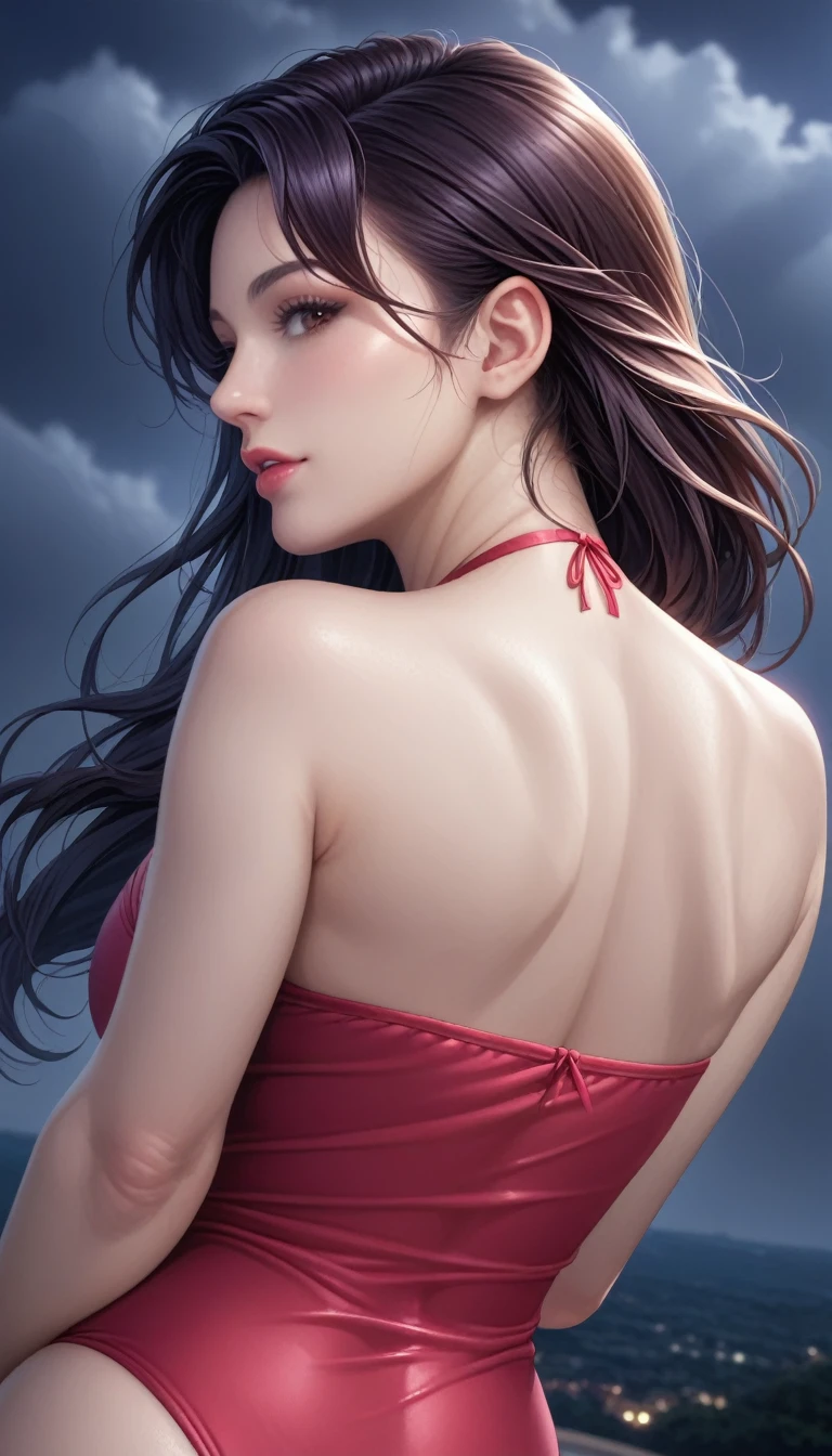 score_9, score_8_superior, score_7_superior, High-resolution CG illustration,A masterpiece in 32K resolution,Highest quality,it is really amazing,Very detailed,Ultra-high resolution,Ultra-realistic,Realistic,Increased depth of field,Cinematic lighting,
Sexy mature Japan woman,
Straight long hair with black hair,Ultra-detailed and beautiful face,Calm and gentle look,Beautiful brown eyes,Translucent white skin,Realistic skin texture,Great proportions,
Elegant red swimsuit,
Simple design,Chic color scheme based on red,Detailed fabric texture,
(Dark overcast sky on a dull night:1.1),(Dark clouds filling the sky:1.1),Thundercloud,Coastline at night,Stormy seas,delay々A desolate sandy beach that continues,
(Beautiful back view:1.2),Cinematic,