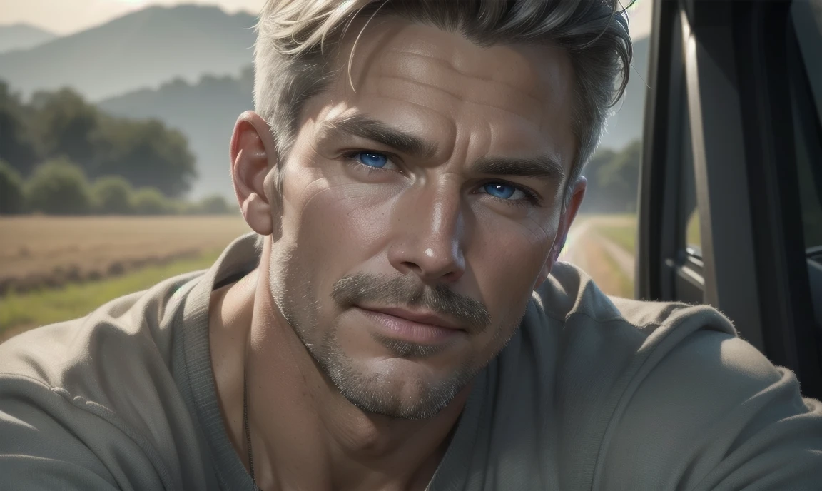 [((highly detailed, detailed eyes, detailed face, clear and realistic facial features, photorealistic, realistic light, cinematic)), ((((1 man)))), Mark is a handsome and alluring slender but muscular male farmer father aged 45 with short blond hair and a neat moustache and blue eyes and weathered skin wearing a flannelette shirt, ((sexy southern gay daddy farmer)), ((greying dark-blond hair)), (((weathered mature face))), (((Mark has a seductive smirking look on his face and a slight blush on his cheeks))), There is a charming yet dry southern farm in the background, ((sexual tension mood))]