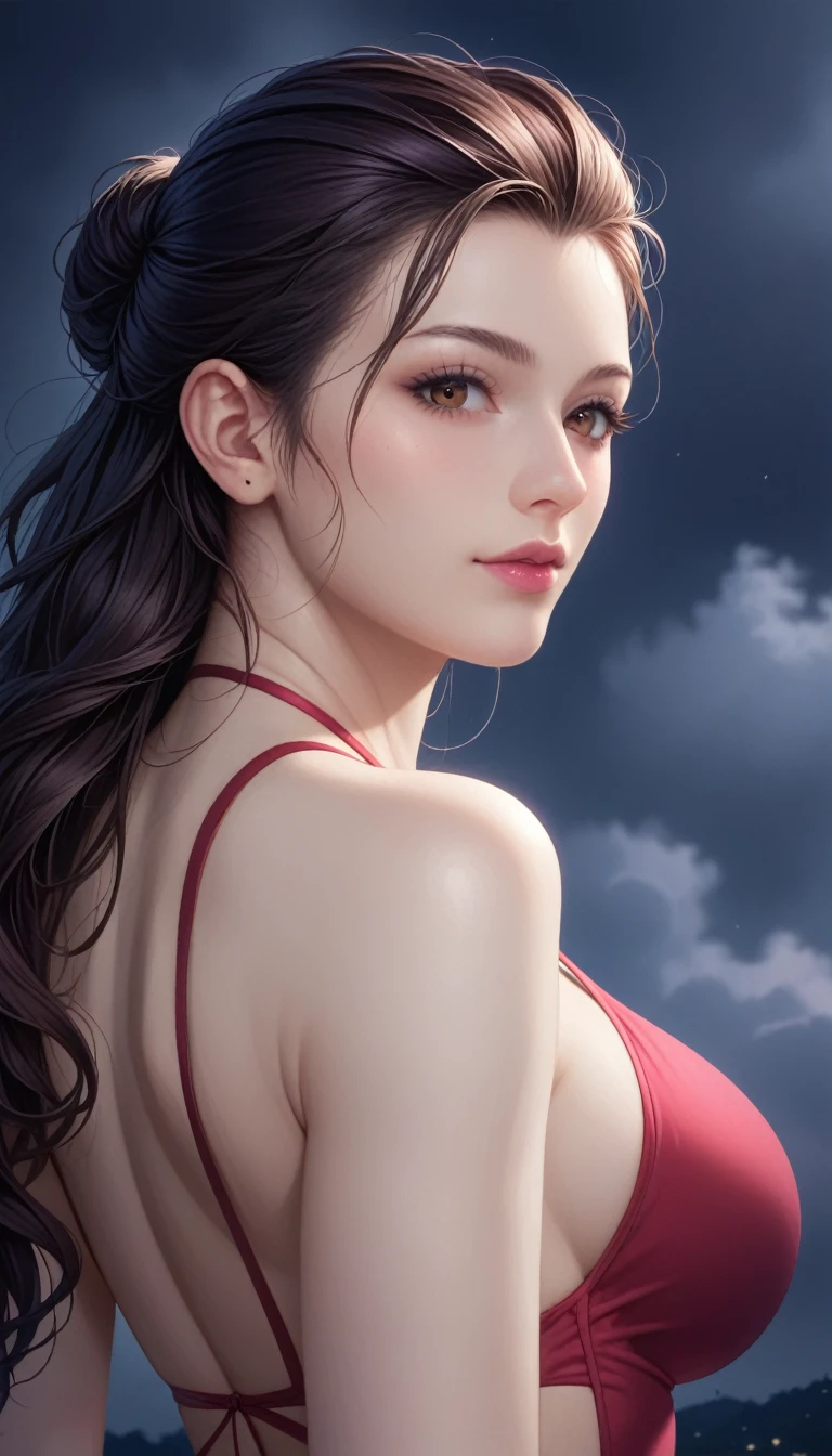 score_9, score_8_superior, score_7_superior, High-resolution CG illustration,A masterpiece in 32K resolution,Highest quality,it is really amazing,Very detailed,Ultra-high resolution,Ultra-realistic,Realistic,Increased depth of field,Cinematic lighting,
Sexy mature Japan woman,
Straight long hair with black hair,Ultra-detailed and beautiful face,Calm and gentle look,Beautiful brown eyes,Translucent white skin,Realistic skin texture,Great proportions,
Elegant red swimsuit,
Simple design,Chic color scheme based on red,Detailed fabric texture,
(Dark overcast sky on a dull night:1.1),(Dark clouds filling the sky:1.1),Thundercloud,Coastline at night,Stormy seas,delay々A desolate sandy beach that continues,
(Beautiful back view:1.2),Cinematic,