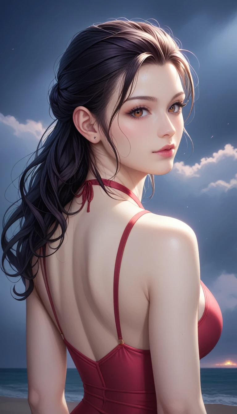 score_9, score_8_superior, score_7_superior, High-resolution CG illustration,A masterpiece in 32K resolution,Highest quality,it is really amazing,Very detailed,Ultra-high resolution,Ultra-realistic,Realistic,Increased depth of field,Cinematic lighting,
Sexy mature Japan woman,
Straight long hair with black hair,Ultra-detailed and beautiful face,Calm and gentle look,Beautiful brown eyes,Translucent white skin,Realistic skin texture,Great proportions,
Elegant red swimsuit,
Simple design,Chic color scheme based on red,Detailed fabric texture,
(Dark overcast sky on a dull night:1.1),(Dark clouds filling the sky:1.1),Thundercloud,Coastline at night,Stormy seas,delay々A desolate sandy beach that continues,
(Beautiful back view:1.2),Cinematic,