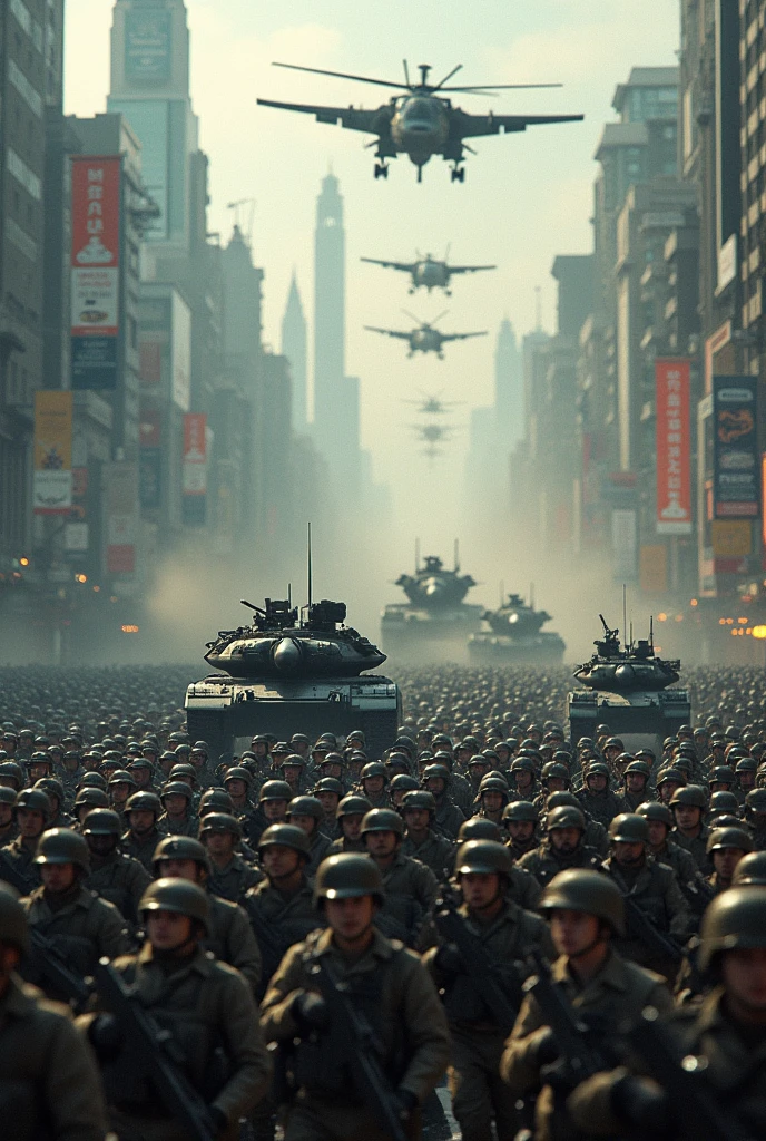 Thousands of soldiers walking down the street with tanks and planes in the sky
(armed) (will destroy the,war scene,realisitic