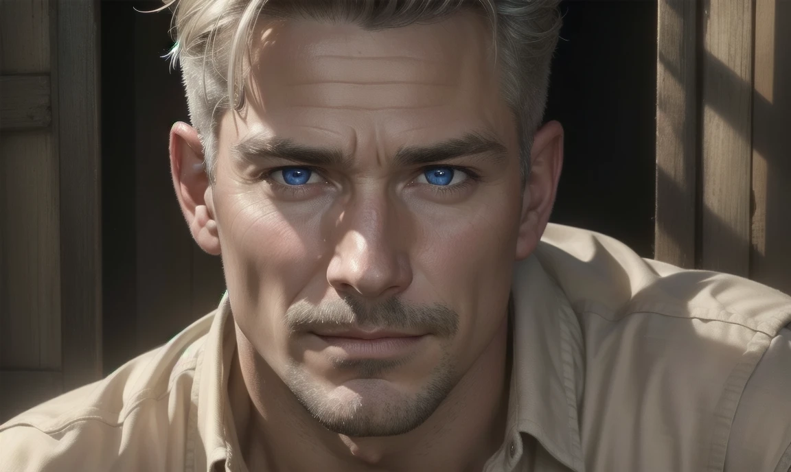 [((highly detailed, detailed eyes, detailed face, clear and realistic facial features, photorealistic, realistic light, cinematic)), ((((1 man)))), Mark is a handsome and alluring slender but muscular male farmer father aged 45 with short blond hair and a neat moustache and blue eyes and weathered skin wearing a flannelette shirt, ((sexy southern gay daddy farmer)), ((greying dark-blond hair)), (((weathered mature face))), (((Mark has a seductive smirking look on his face and a slight blush on his cheeks))), There is a charming yet dry southern farm in the background, ((sexual tension mood))]