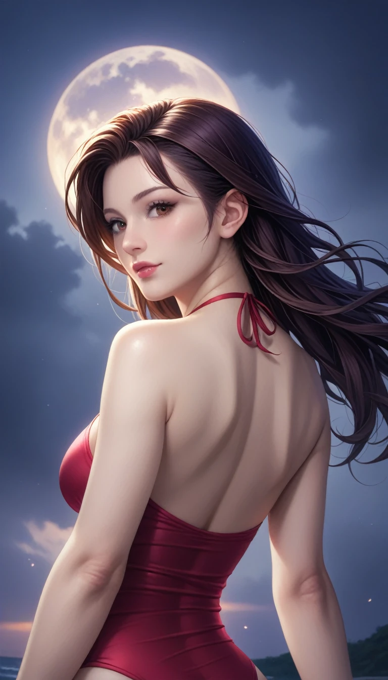 score_9, score_8_superior, score_7_superior, High-resolution CG illustration,A masterpiece in 32K resolution,Highest quality,it is really amazing,Very detailed,Ultra-high resolution,Ultra-realistic,Realistic,Increased depth of field,Cinematic lighting,
Sexy mature Japan woman,
Straight long hair with black hair,Ultra-detailed and beautiful face,Calm and gentle look,Beautiful brown eyes,Translucent white skin,Realistic skin texture,Great proportions,
Elegant red swimsuit,
Simple design,Chic color scheme based on red,Detailed fabric texture,
(Dark overcast sky on a dull night:1.1),(Dark clouds filling the sky:1.1),Thundercloud,Coastline at night,Stormy seas,delay々A desolate sandy beach that continues,
(Beautiful back view:1.2),Cinematic,