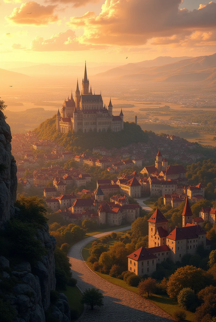 A vast and grand kingdom inspired by French villages from around 100 years ago, viewed from a distant mountain peak, with the kingdom stretching far into the distance under a golden sunset. The expansive kingdom spreads across the horizon, with a majestic palace at its center on flat ground, its towering spires visible even from afar. The palace is surrounded by an endless array of charming houses with red-tiled roofs and stone walls, along with bustling market squares, schools, ponds, and lakes that glimmer in the soft evening light. Cobblestone streets fan out from the palace, weaving through the sprawling village that seems to extend endlessly, with vibrant marketplaces, peaceful parks, and residential districts spreading as far as the eye can see. The rolling hills and valleys enhance the grandeur, making the kingdom appear both vast and magnificent, all under a sky painted with warm orange and pink hues