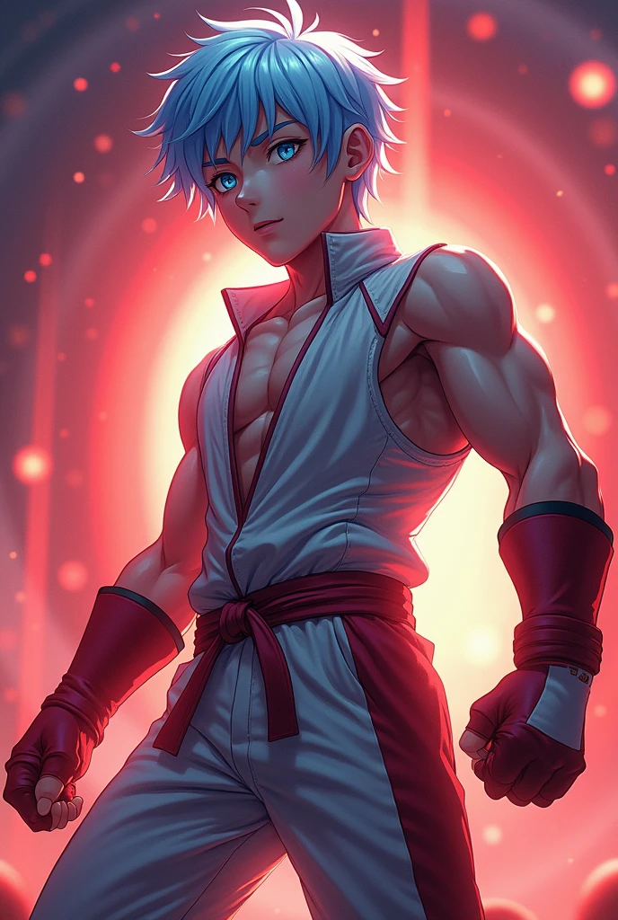 a boy with the rest of realistic anime characters with light blue hair and eyes too and an impeccable fighter outfit and a beautiful and cute face, in a distant and beautiful world full of red and bright lights. With strong muscles and bouncing out.