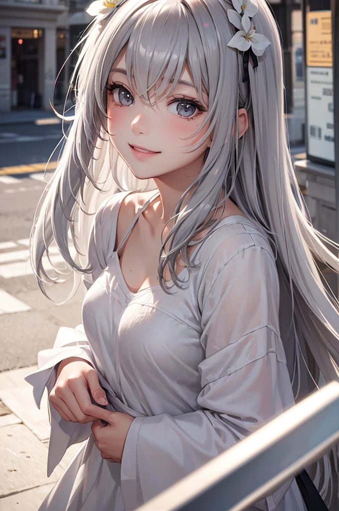Best Quality,High resolution,8k,finelity detailed background,Masterpiece:1.2),beautiful girl,Glossy romance gray hair,messy hair,Gray eyes,Gentle look,A refreshing look,smile,Best quality,Best Quality,Aesthetic and aesthetic:1.2,Best details((Super detailed))(High-definition CG illustrations),oversized clothes,Slender body,Background white,smile,blush,cute,Scrounge,Looking up,Being spoiled,super model