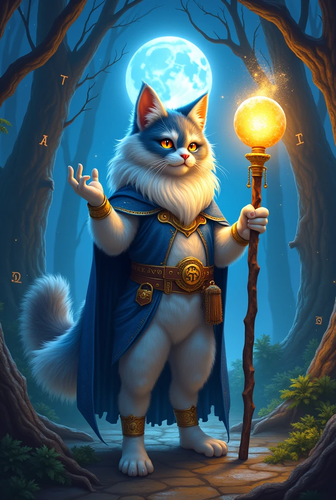 "Create an image of an anthropomorphic furry Maine Coon character that stands 5 feet and 5 inches tall. This character should embody a unique astrology theme while incorporating Dungeons and Dragons elements, blending fantasy and cosmic lore.

Fur Color: The character's fur should be a mesmerizing blend of blue, white, and gold, giving a mystical and ethereal appearance.
Pose: Strike a powerful pose, perhaps holding a glowing staff topped with a celestial orb that represents the cosmos.
Background: Set the scene in a magical forest under a starry night sky, with ancient trees and glowing runes etched into the bark. Include a glowing full moon illuminating the landscape.
Accessories:
Adorn the character with a celestial-themed cloak that shimmers like the night sky.
Include a belt with various pouches for spell components and magical items.
Add starry jewelry, such as a crown of stars or bracelets that resemble constellations.
Expression: The character should have a wise and friendly expression, suggesting a deep connection to arcane knowledge and the mysteries of the universe.
Companion: Optionally, include a small magical creature, like a glowing sprite or a familiar, that accompanies the character, enhancing the fantasy aspect.
Ensure that the image captures the majestic, playful nature of a Maine Coon while seamlessly blending it with the enchanting elements of astrology and Dungeons and Dragons."