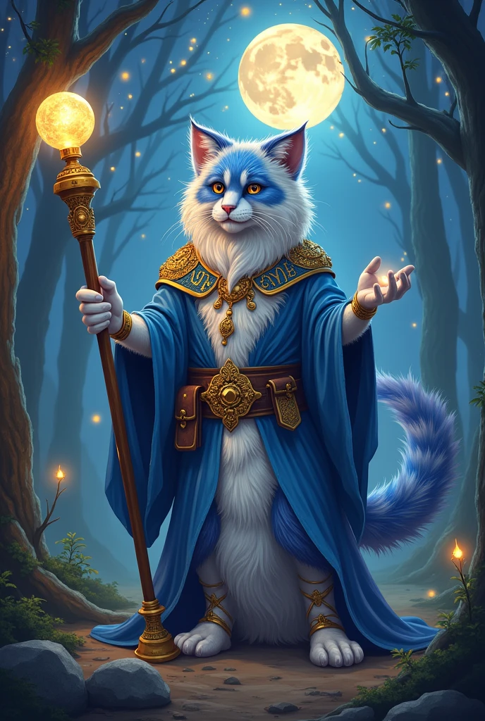 "Create an image of an anthropomorphic furry Maine Coon character that stands 5 feet and 5 inches tall. This character should embody a unique astrology theme while incorporating Dungeons and Dragons elements, blending fantasy and cosmic lore.

Fur Color: The character's fur should be a mesmerizing blend of blue, white, and gold, giving a mystical and ethereal appearance.
Pose: Strike a powerful pose, perhaps holding a glowing staff topped with a celestial orb that represents the cosmos.
Background: Set the scene in a magical forest under a starry night sky, with ancient trees and glowing runes etched into the bark. Include a glowing full moon illuminating the landscape.
Accessories:
Adorn the character with a celestial-themed cloak that shimmers like the night sky.
Include a belt with various pouches for spell components and magical items.
Add starry jewelry, such as a crown of stars or bracelets that resemble constellations.
Expression: The character should have a wise and friendly expression, suggesting a deep connection to arcane knowledge and the mysteries of the universe.
Companion: Optionally, include a small magical creature, like a glowing sprite or a familiar, that accompanies the character, enhancing the fantasy aspect.
Ensure that the image captures the majestic, playful nature of a Maine Coon while seamlessly blending it with the enchanting elements of astrology and Dungeons and Dragons."