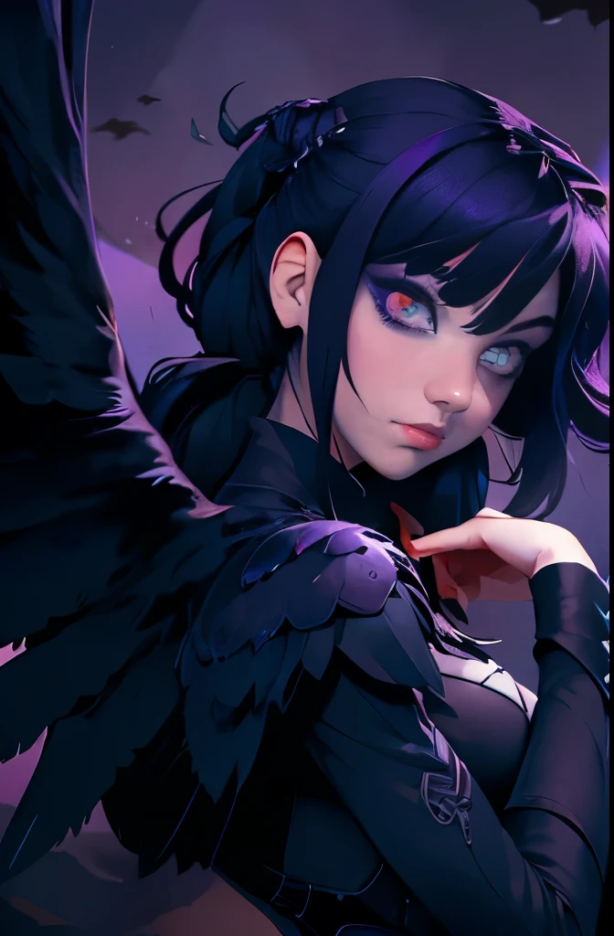 a dark haired woman with wings and a purple background, cyberpunk art by Yang J, tumblr, gothic art, dark feathered wings, raven monster, dark fantasy style art, in style of dark fantasy art, raven wings, dark fantasy illustration, fantasy dark art, an ominous fantasy illustration, jen bartel, among ravens, dark illustration, dark fantasy art, raven