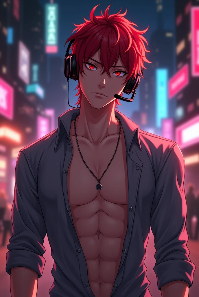 a 25 year old guy with glasses, with red eyes and red hair with an open shirt and headset, tall and with a dominant attitude that is anime that looks tough and sexy