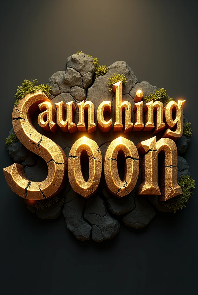 Create a 3D stylized text design for the word 'Launching SOon' using a medieval fantasy-themed font. The font should have a bold, blocky appearance with subtle curves and intricate details. The letters should have a stone-like texture, with small cracks and moss growing on the edges to enhance the ancient, mythical feel. Use a rich golden color with a metallic finish for the text, and add glowing accents around the edges to make it stand out. The overall design should be majestic and powerful, suitable for a fantasy-themed logo